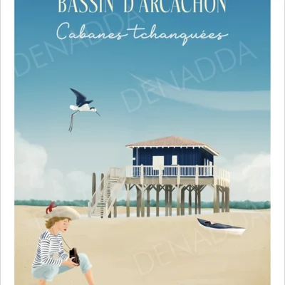Affiche Bassin d'Arcachon, les Cabanes Tchanquées. Une illustration de l'île aux oiseaux dessinée par Denadda