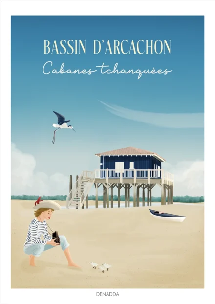 Affiche Bassin d'Arcachon, les Cabanes Tchanquées. Une illustration de l'île aux oiseaux dessinée par Denadda