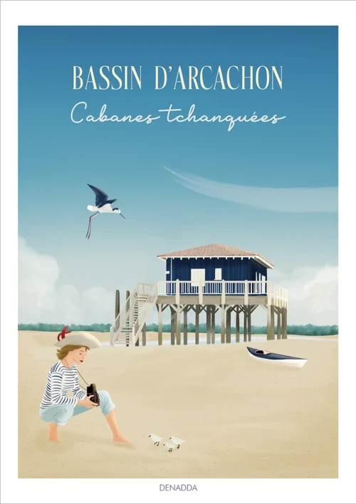 Affiche Bassin d'Arcachon, les Cabanes Tchanquées. Une illustration de l'île aux oiseaux dessinée par Denadda