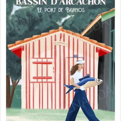 Affiche Bassin d'Arcachon avec le port de Biganos et ses petites cabanes colorés. Illustration dessinée par Denadda