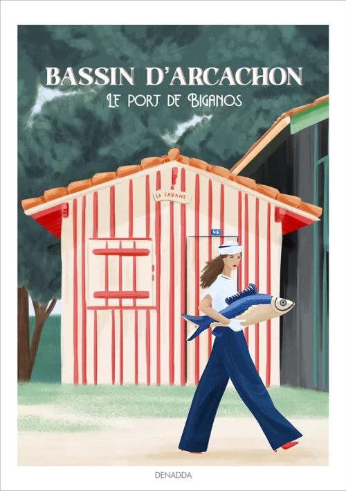 Affiche Bassin d'Arcachon avec le port de Biganos et ses petites cabanes colorés. Illustration dessinée par Denadda