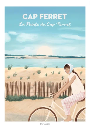 Affiche Cap Ferret, balade à vélo le long de la Pointe du Cap Ferret. Illustration de Denadda