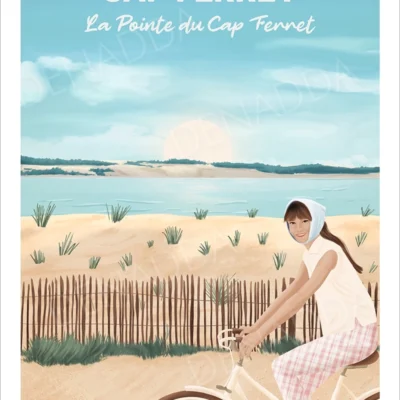 Affiche Cap Ferret, balade à vélo le long de la Pointe du Cap Ferret. Illustration de Denadda