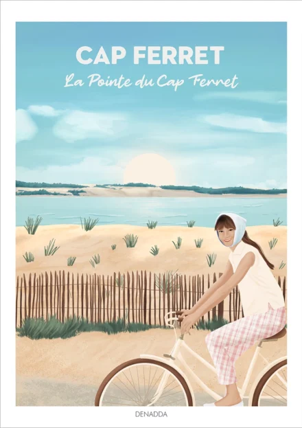 Affiche Cap Ferret, balade à vélo le long de la Pointe du Cap Ferret. Illustration de Denadda
