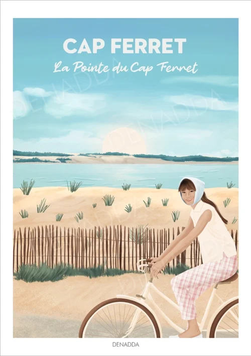 Affiche Cap Ferret, balade à vélo le long de la Pointe du Cap Ferret. Illustration de Denadda