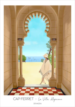 Affiche Cap Ferret, La Villa Algérienne. Illustration dessinée par Denadda