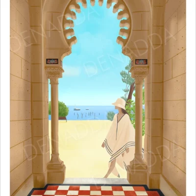 Affiche Cap Ferret, La Villa Algérienne. Illustration dessinée par Denadda