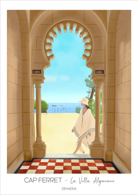 Affiche Cap Ferret, La Villa Algérienne. Illustration dessinée par Denadda