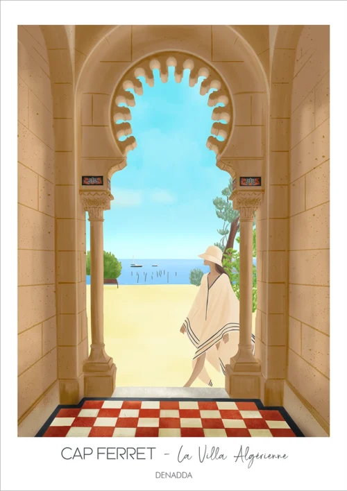 Affiche Cap Ferret, La Villa Algérienne. Illustration dessinée par Denadda