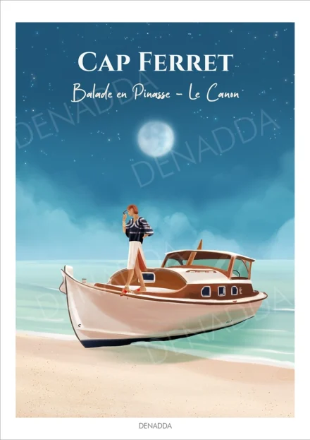 Affiche Cap Ferret, Le Canon, balade en pinasse. Dessin de Denadda