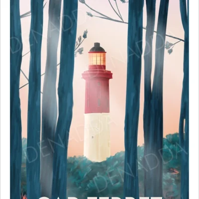 Affiche Cap Ferret le phare. Illustration dessinée par Denadda