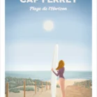 Affiche Cap Ferret de la Plage de l'Horizon. Une surfeuse en maillot de bain regarde vers l'horizon en direction de la plage. Un poster personnalisable avec du texte. Illustration de Denadda.