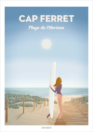 Affiche Cap Ferret de la Plage de l'Horizon. Une surfeuse en maillot de bain regarde vers l'horizon en direction de la plage. Un poster personnalisable avec du texte. Illustration de Denadda.