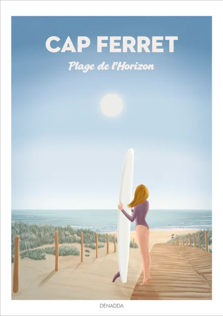 Affiche Cap Ferret de la Plage de l'Horizon. Une surfeuse en maillot de bain regarde vers l'horizon en direction de la plage. Un poster personnalisable avec du texte. Illustration de Denadda.
