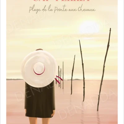 Affiche Cap Ferret Plage de la Pointe aux Chevaux. Une illustration zen au sunset sur le Bassin d'Arcachon. Denadda
