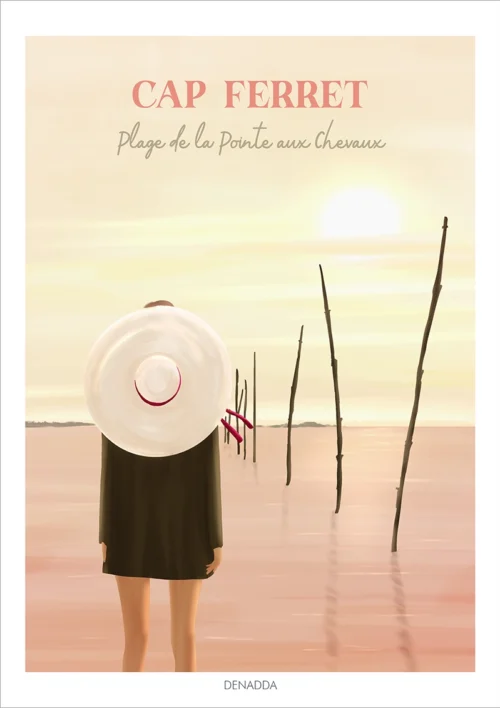 Affiche Cap Ferret Plage de la Pointe aux Chevaux. Une illustration zen au sunset sur le Bassin d'Arcachon. Denadda