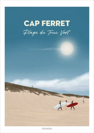 Affiche Cap Ferret Plage du Truc Vert, une illustration surf dessinée par Denadda