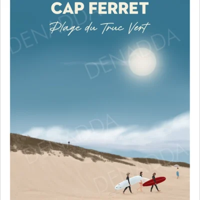 Affiche Cap Ferret Plage du Truc Vert, une illustration surf dessinée par Denadda