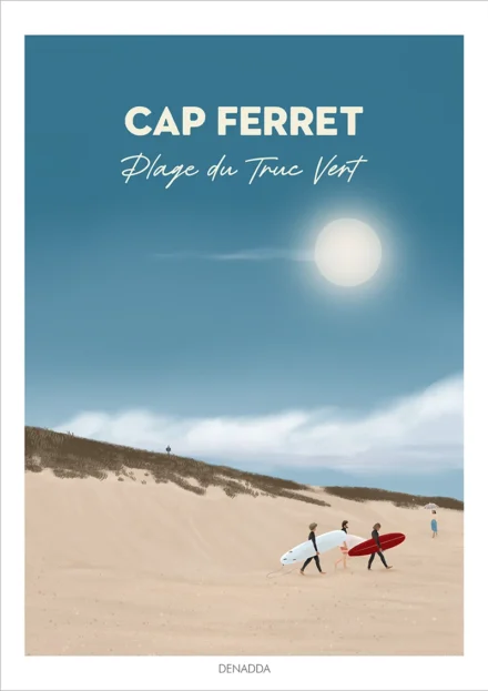 Affiche Cap Ferret Plage du Truc Vert, une illustration surf dessinée par Denadda