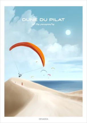 Affiche Dune du Pilat. Des parapentes au Bassin d'Arcachon. Illustration de Denadda