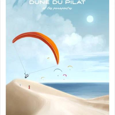 Affiche Dune du Pilat. Des parapentes au Bassin d'Arcachon. Illustration de Denadda