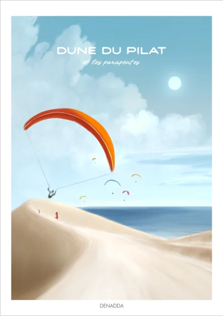 Affiche Dune du Pilat. Des parapentes au Bassin d'Arcachon. Illustration de Denadda