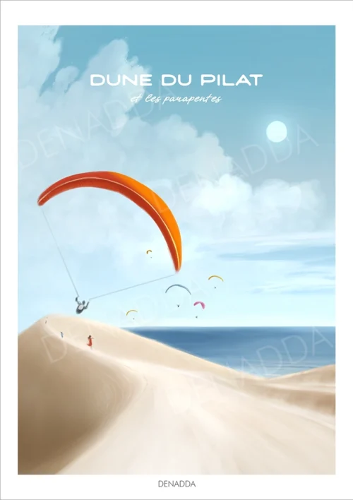 Affiche Dune du Pilat. Des parapentes au Bassin d'Arcachon. Illustration de Denadda