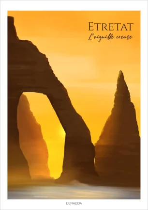 Affiche Etretat de l'Aiguille Creuse en Normandie. Illustration de Denadda