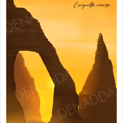 Affiche Etretat de l'Aiguille Creuse en Normandie. Illustration de Denadda