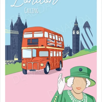 Affiche Londres minimaliste London Calling. Un bus anglais rouge avec la reine d'Angleterre, et des monuments tel que le Big Ben, 30 St Mary Axe - Gherkin et le Le Tower Bridge. Une illustration de Denadda