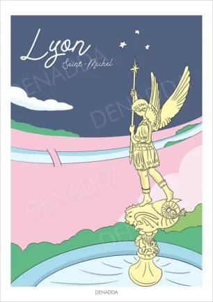 Affiche Lyon minimaliste statue de l'archange Saint-Michel. Une illustration de la collection Playful dessinée par Denadda