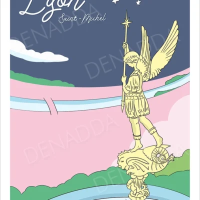 Affiche Lyon minimaliste statue de l'archange Saint-Michel. Une illustration de la collection Playful dessinée par Denadda