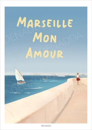 Affiche Marseille Mon Amour avec la Corniche Kennedy de Marseille. Une illustration de Denadda