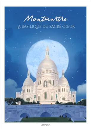 Affiche Montmartre Basilique du Sacré Coeur, illustration dessinée à Paris par Denadda
