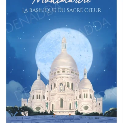 Affiche Montmartre Basilique du Sacré Coeur, illustration dessinée à Paris par Denadda