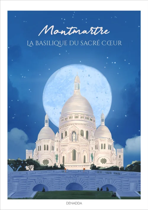 Affiche Montmartre Basilique du Sacré Coeur, illustration dessinée à Paris par Denadda