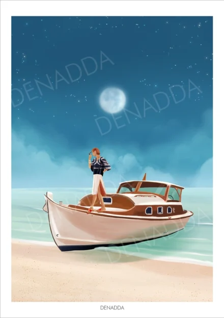 Affiche d'une pinasse, balade en bateau sur le Bassin d'Arcachon. Une illustration zen de Denadda