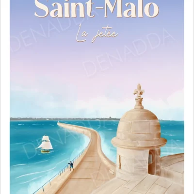 Affiche Saint-Malo la jetée du Môle des Noires en Bretagne. Illustration de Denadda