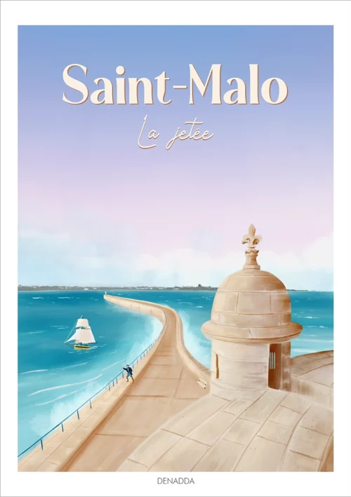 Affiche Saint-Malo la jetée du Môle des Noires en Bretagne. Illustration de Denadda