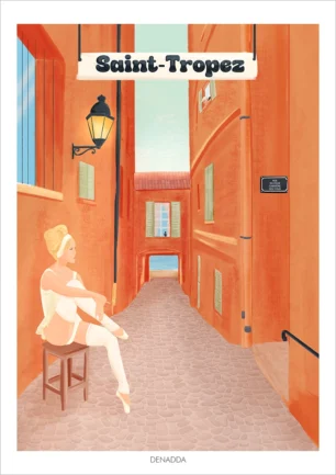 Affiche Saint-Tropez vintage avec Brigitte Bardot. Illustration de Denadda