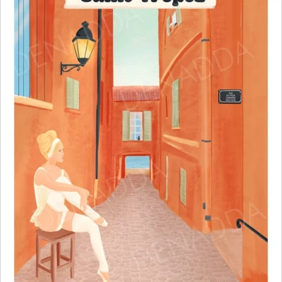 Affiche Saint-Tropez vintage avec Brigitte Bardot. Illustration de Denadda