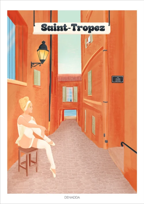 Affiche Saint-Tropez vintage avec Brigitte Bardot. Illustration de Denadda
