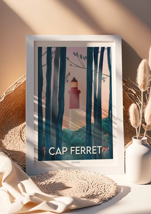 Cadre Cap Ferret "Le Phare" Cadre Cap Ferret, phare rouge et blanc entouré de forêt de pins. Denadda