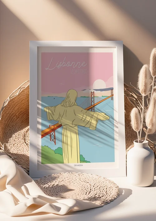 Cadre Lisbonne minimaliste "Le Christ Roi" Cadre Lisbonne minimaliste Le Christ Roi illustré au dessus du pont de Lisbonne. Collection Playful Denadda
