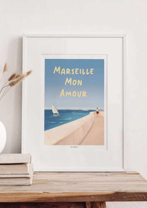 Cadre Marseille Mon Amour "La Corniche Kennedy" Cadre de Marseille illustré avec la Corniche Kennedy intitulé "Marseille Mon Amour". Denadda