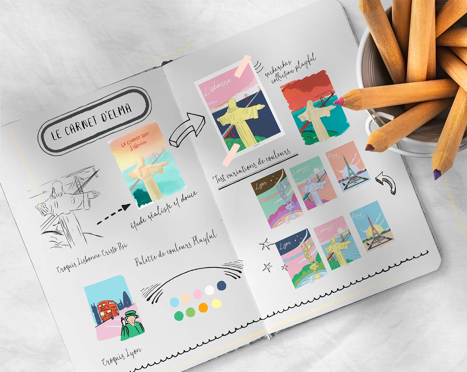 Carnet de dessin d'Elma avec les affiches Playful de la collection Denadda