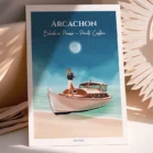 Poster Arcachon avec une Balade en pinasse proposé par Private Captain, agence d'excursions en bateau. Une illustration dessinée par Denadda