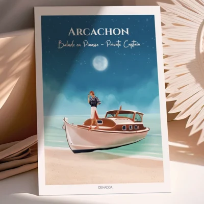 Poster Arcachon avec une Balade en pinasse proposé par Private Captain, agence d'excursions en bateau. Une illustration dessinée par Denadda