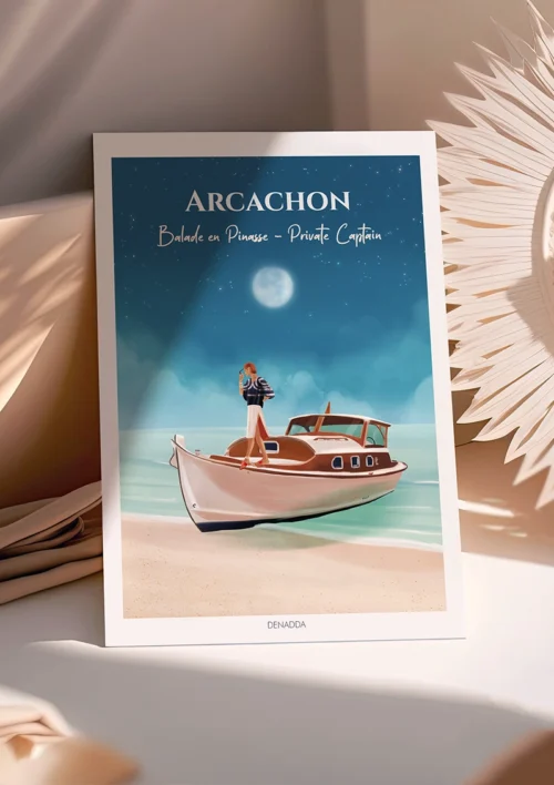 Poster Arcachon "Balade en pinasse - Private Captain" Poster Arcachon avec une Balade en pinasse proposé par Private Captain, agence d'excursions en bateau. Une illustration dessinée par Denadda