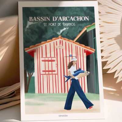 Poster Bassin d’Arcachon “Le port de Biganos” Poster d'Arcachon avec le port de Biganos et ses petites cabanes de pêcheurs colorés. Un dessin de Denadda